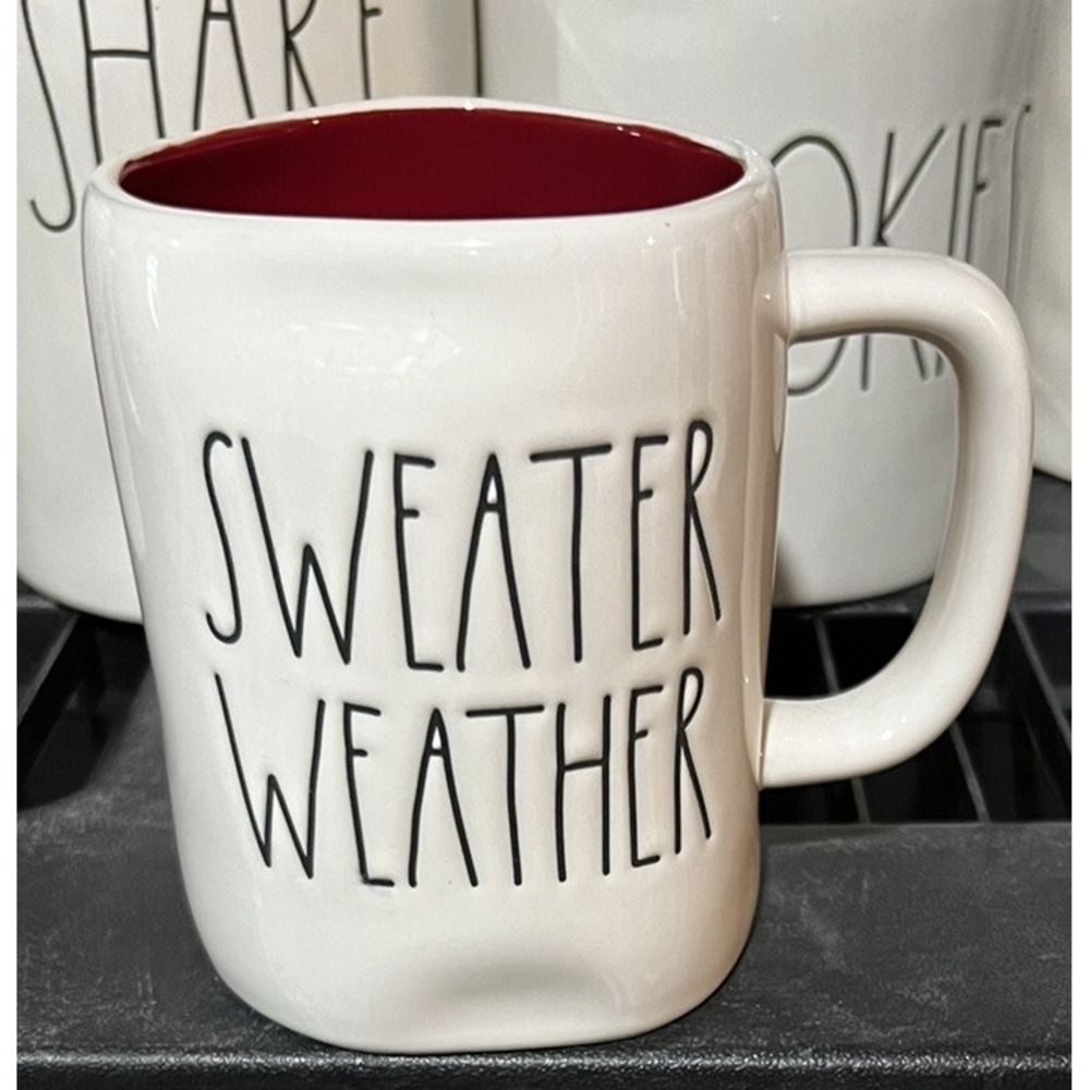 Rae Dunn LL SWEATER WEATHER Ceramic Coffee Mug w/Red Interior